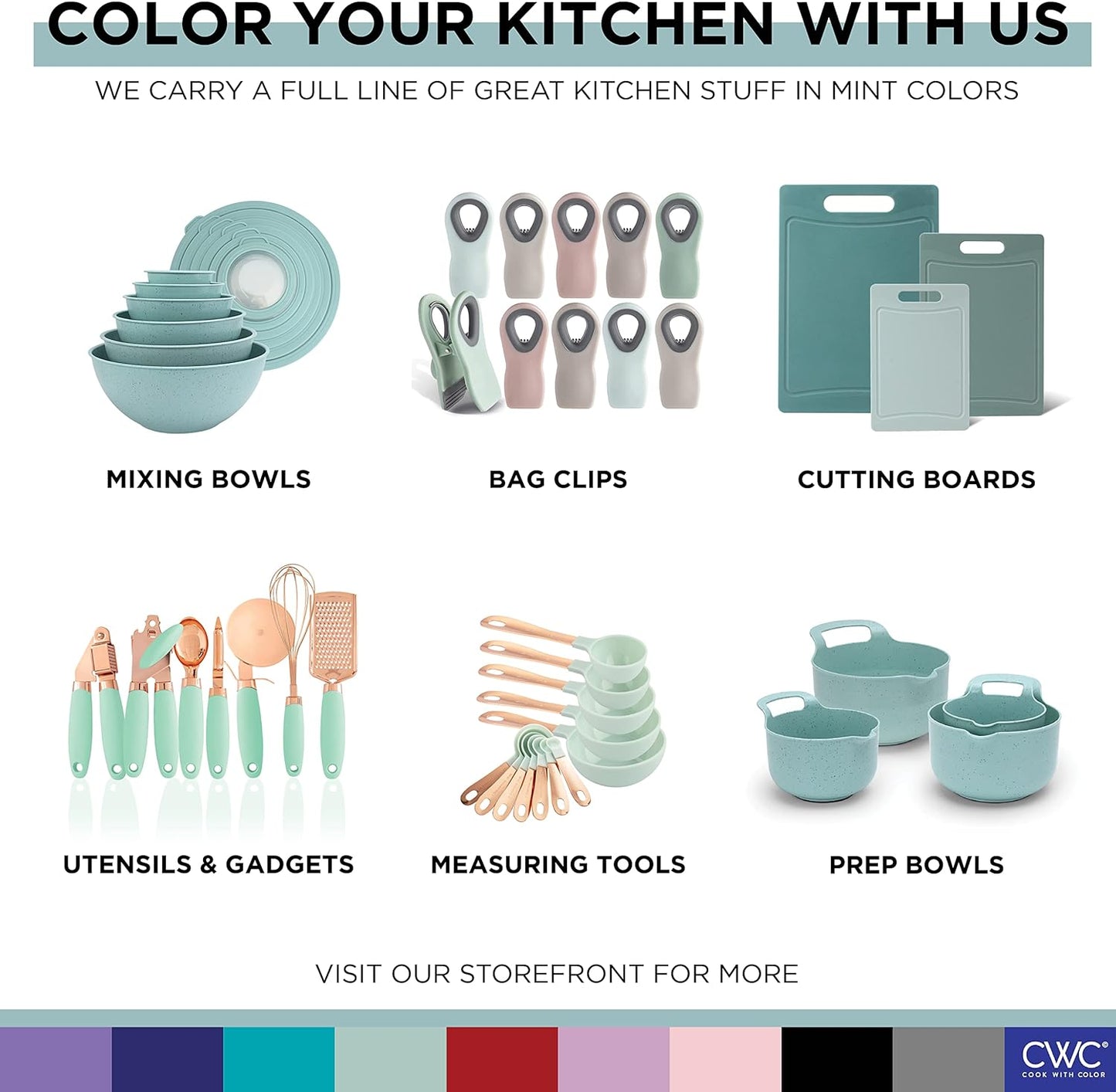 COOK WITH COLOR Prep Bowls with Lids- Wide and Deep Nesting Plastic Small Mixing Bowl Set with Lids, 8 Piece Set - Deep Bowls, Speckled Mint