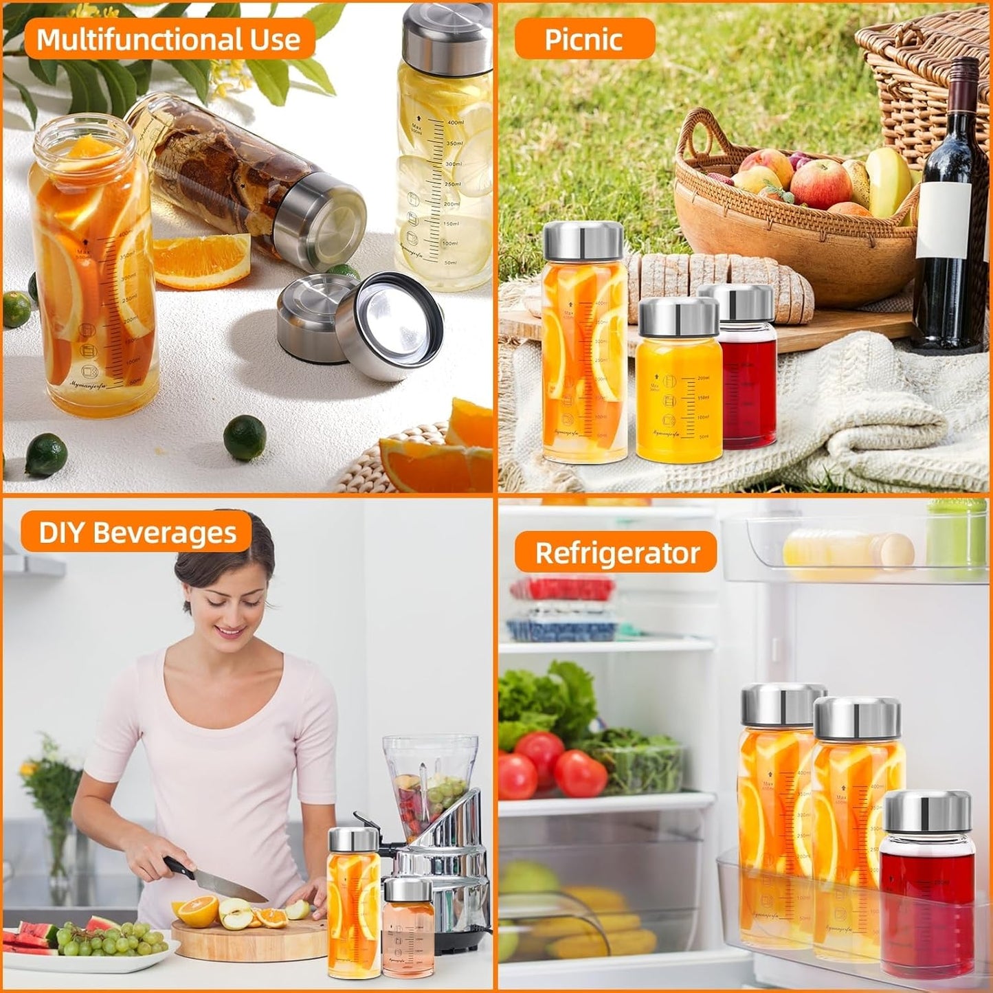 Glass Juice Bottles 12 oz - Wide Mouth Glass Water Bottles with Lids and Sleeve- for Juicing, Smoothies, Milk, Protein, Reusable, Stainless Steel Lids, Leak Proof, Shaker bottle (12oz/400ml)