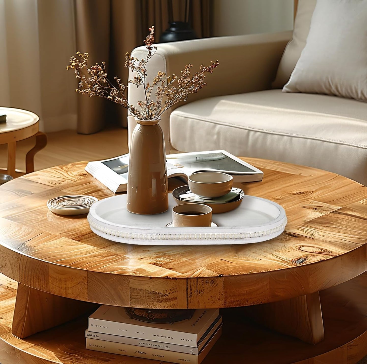 MAONAME Wood Serving Tray, Farmhouse Wooden Tray for Coffee Table, Oval Beaded Trays, Vintage White Decorative Trays for Living Room, Kitchen, 15" X 9" X 1.2"