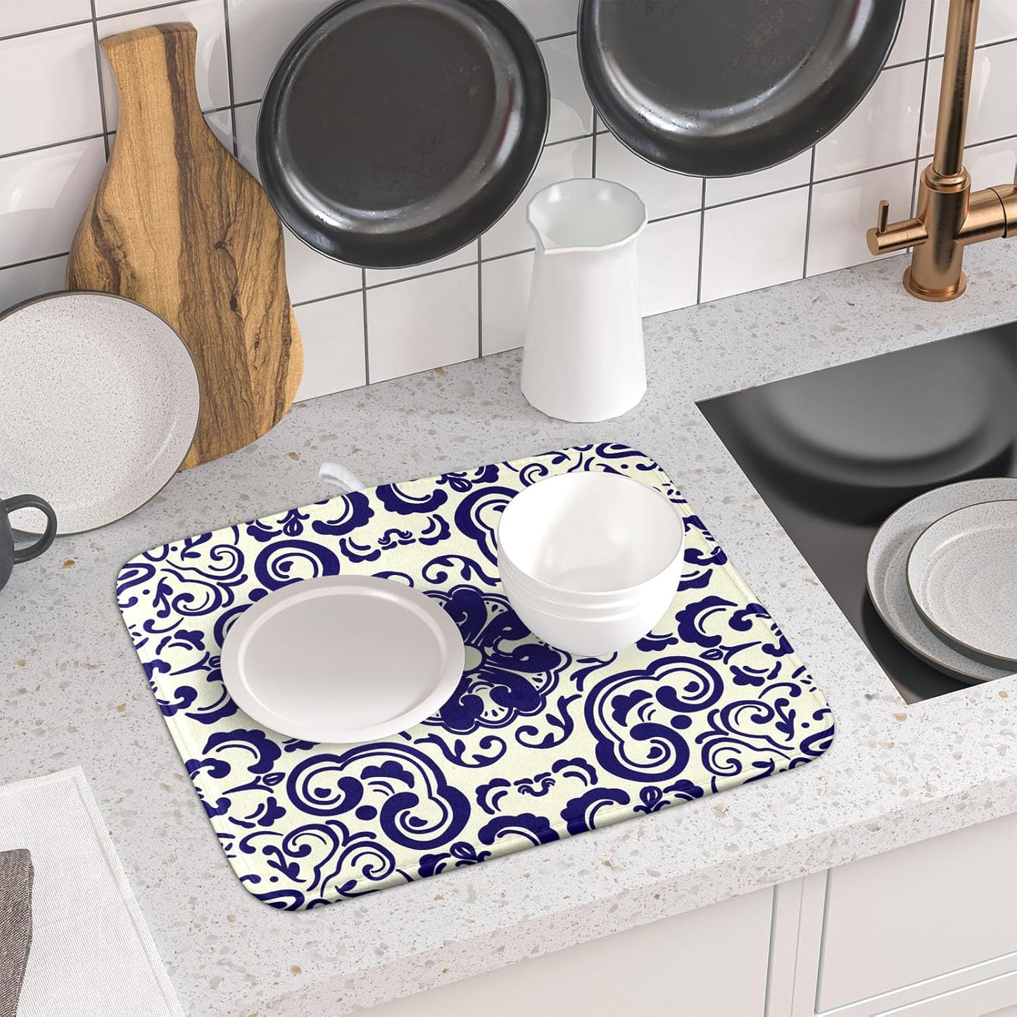 Boho Ethnic Design Dish Drying Mat for Kitchen Counter,Blue Bohemian Mandala Drying Mat 16 x 18 Inch with High Absorbent Reversible Microfiber Dish Drying Pad Dish Rack Pad Drainer Mat for Coffee Bar