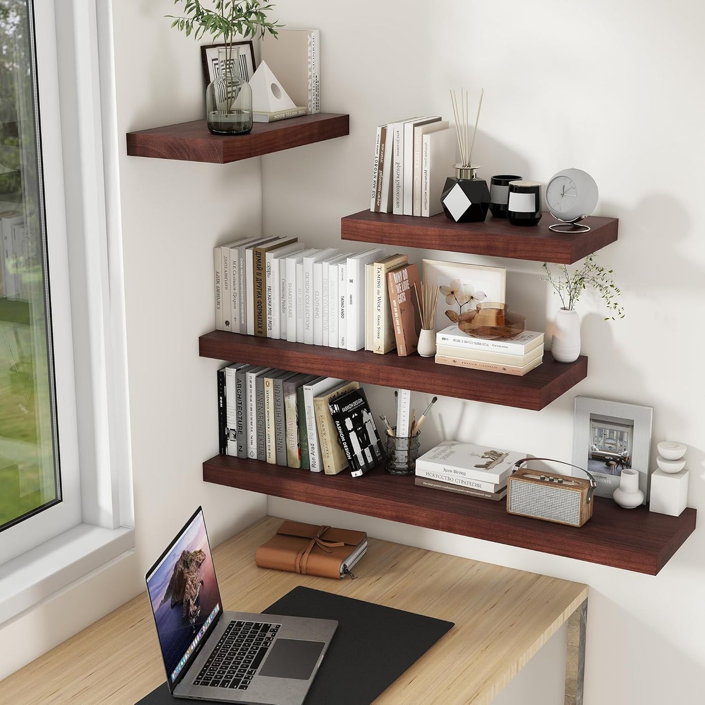 48" Solid Wood Floating Shelves, 9.3 Inch Deep Floating Shelves for Wall, Rustic Wooden Shelves for Wall Decor, Large Fireplace Mantel for Storage, Deep Floating shelf Set of 1, Red Brown