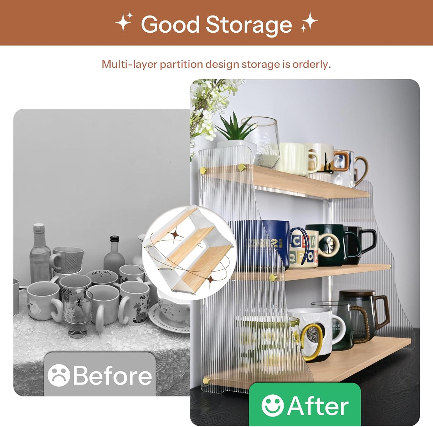 Coffee Mug Holder Wooden Cup Rack,3-Tier Acrylic Home Coffee Mug Display Rack for Kitchen Countertops, Coffee Bars, for Placing Mugs, Coffee Beans, Syrup, Cups, Stirrers 