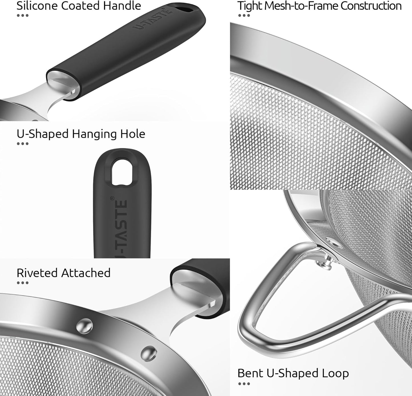 U-Taste Medium Fine Mesh Strainer: 18/8 Stainless Steel 4.73in 30 Mesh Kitchen Food Sieve with Sturdy Riveted Silicone Handle, Heavy Duty Deep Handheld Metal Colander for Rice, Quinoa, Flour (Black)