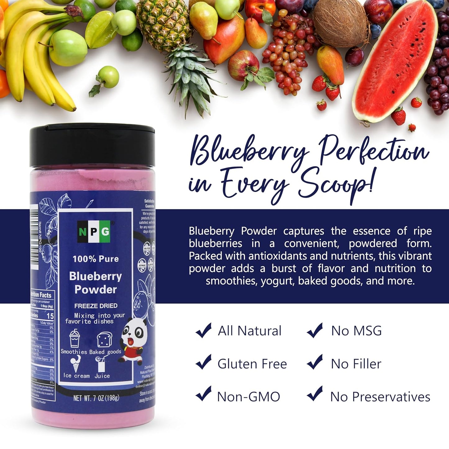 NPG Frezee-Dried Blueberry Powder 7 Oz, Seedless Fine Powder from Wild Wild Blueberries for Smoothies, Baking, Beverages, and Natural Food Coloring, No Sugar Added, Non-GMO