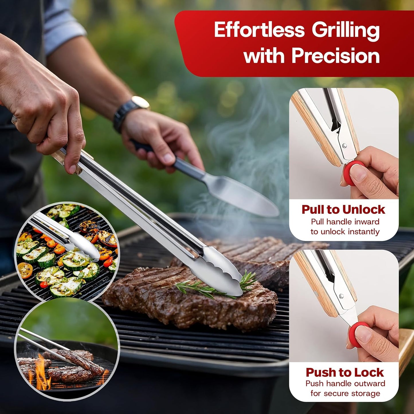Meat Thermometer Digital Wireless with Cooking Tongs for Cooking & Grilling - Ultra-Fast Waterproof Food Thermometer with Backlight & Calibration for BBQ, Candy, Oven, Kitchen Essentials (Black/Red)