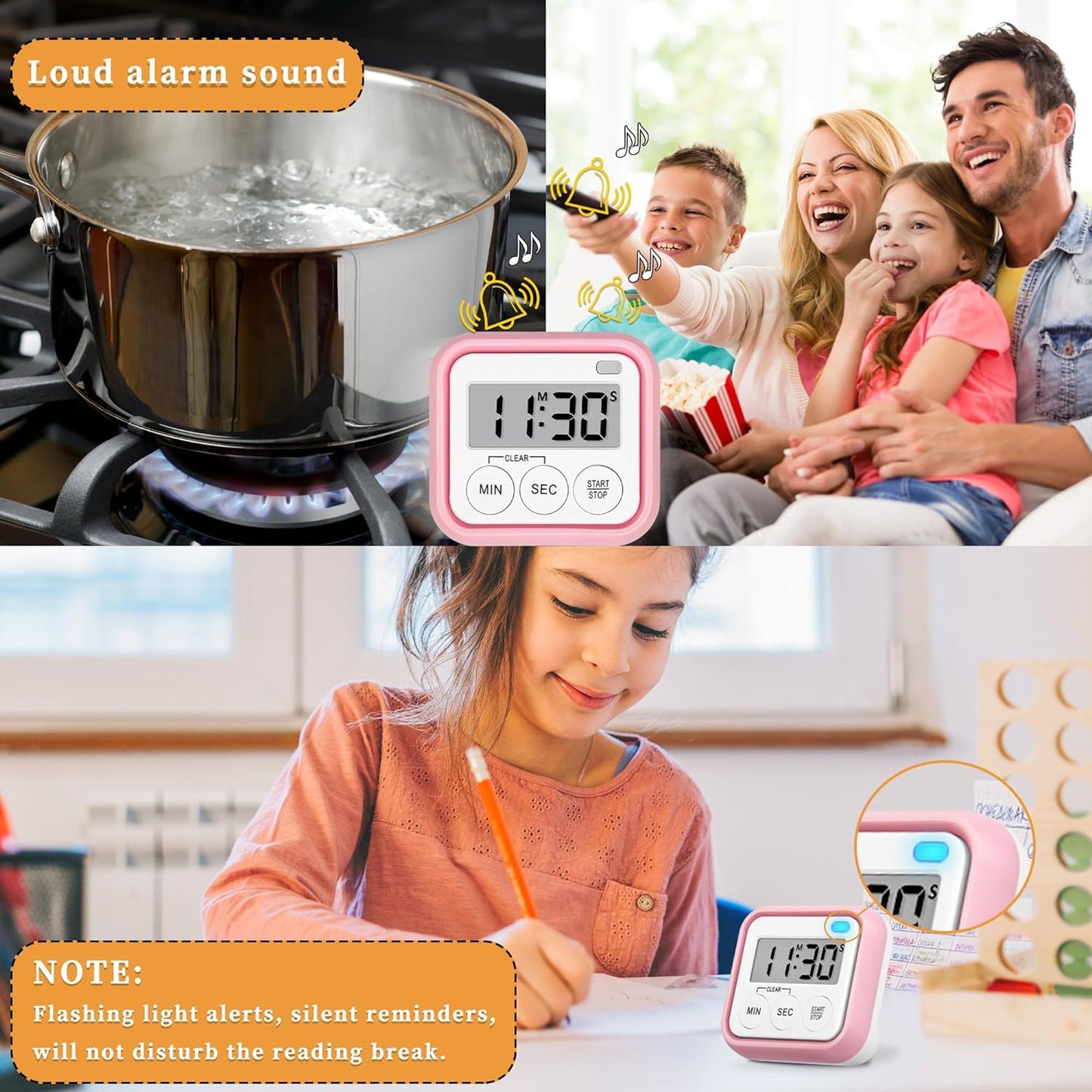 Timer, Kitchen Timers for Cooking Classroom Timer for Kids Teachers Magnetic Digital Timers 4 Pack, Pink
