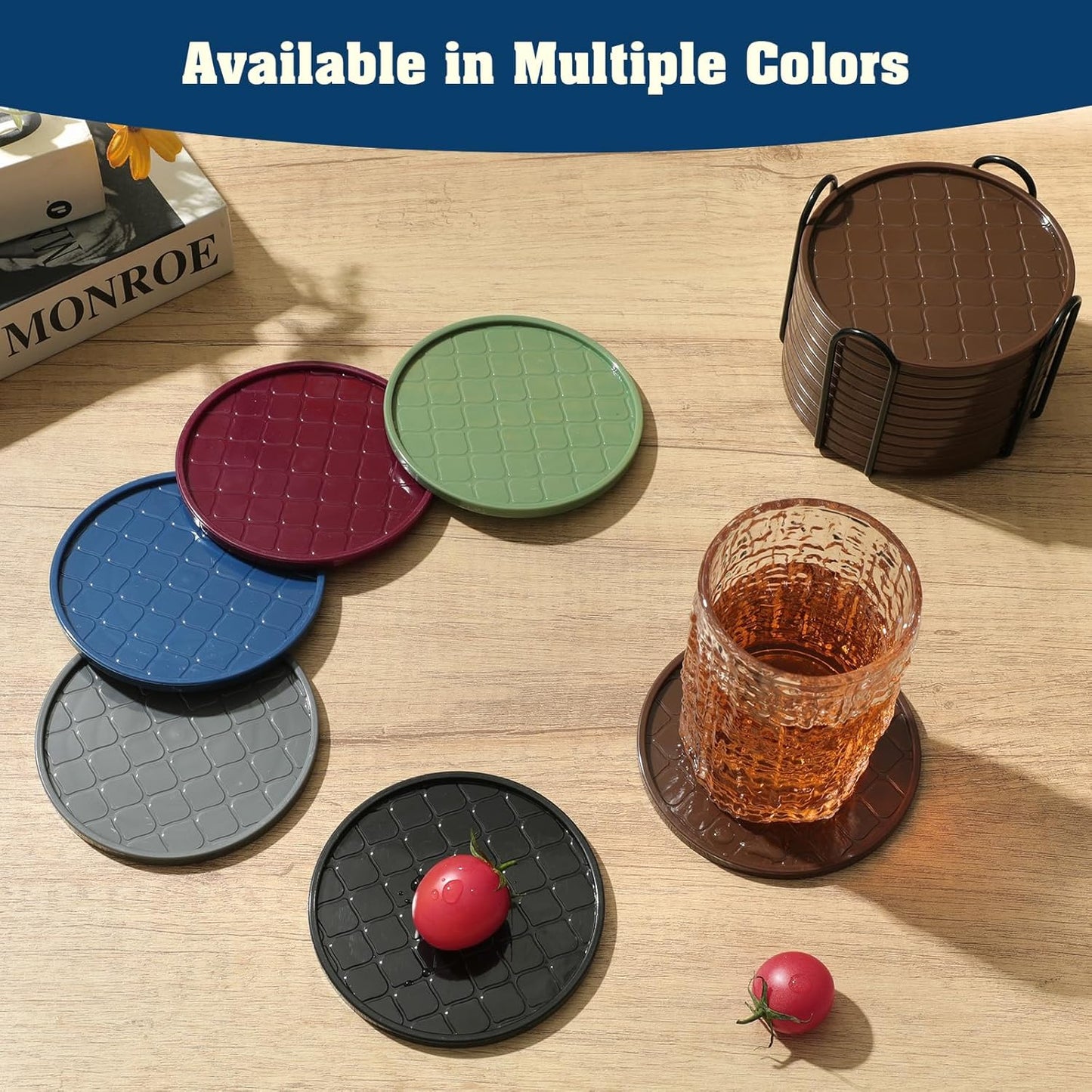 Coasters Set of 6,Hot or Cold Drink Coasters with Holder,Modern Style Coffee Table Coaster,Suitable for Kinds Cups Beer,Drink,Anti-Overflow Tabletop Protection(Navy Blue, 6pcs)