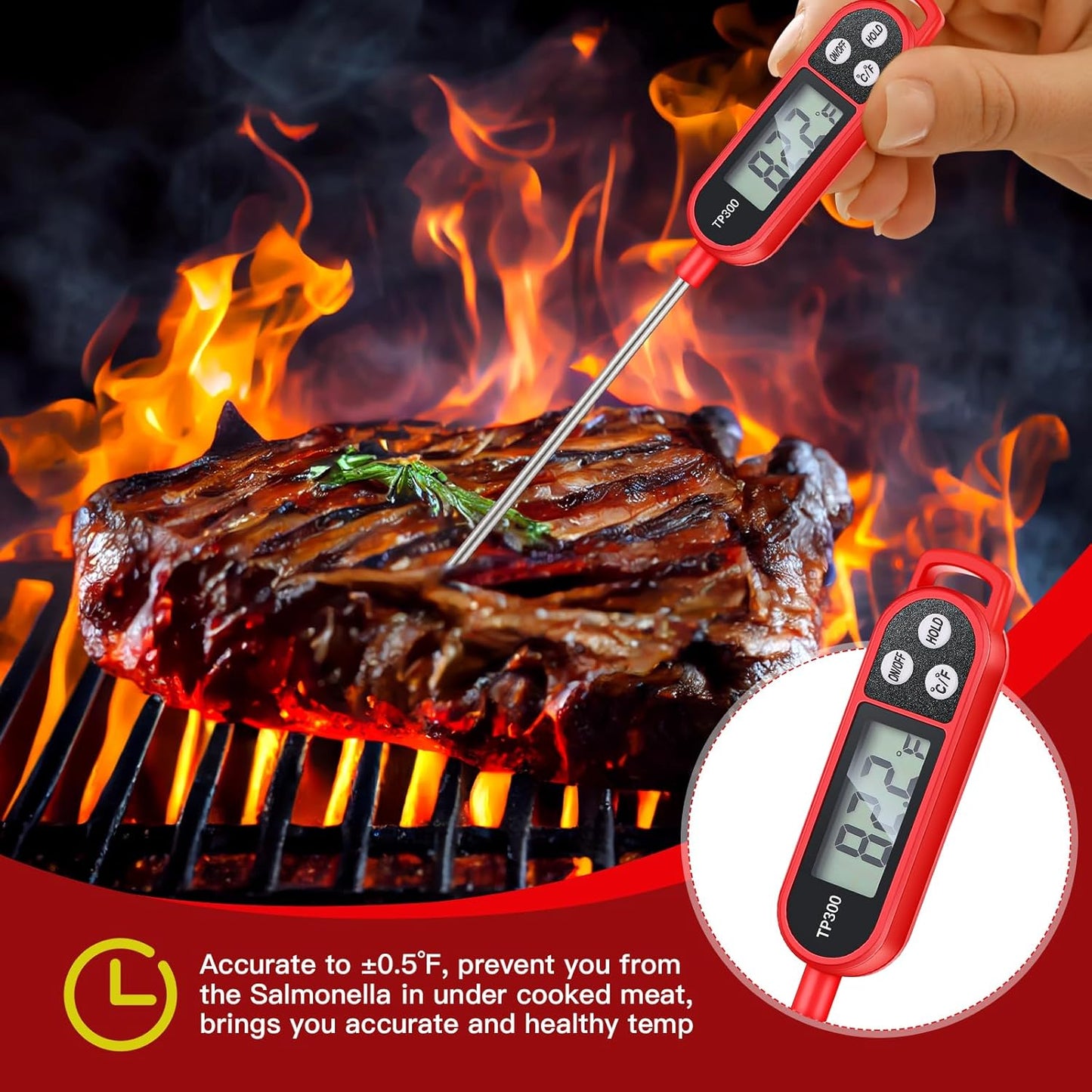 6 Pcs Meat Thermometer Food Thermometer with Probe Water Liquid Instant Read Digital Thermometer Cooking Thermometer Supplies BBQ Kitchen Thermometer for Cooking Milk Yogurt (Red)