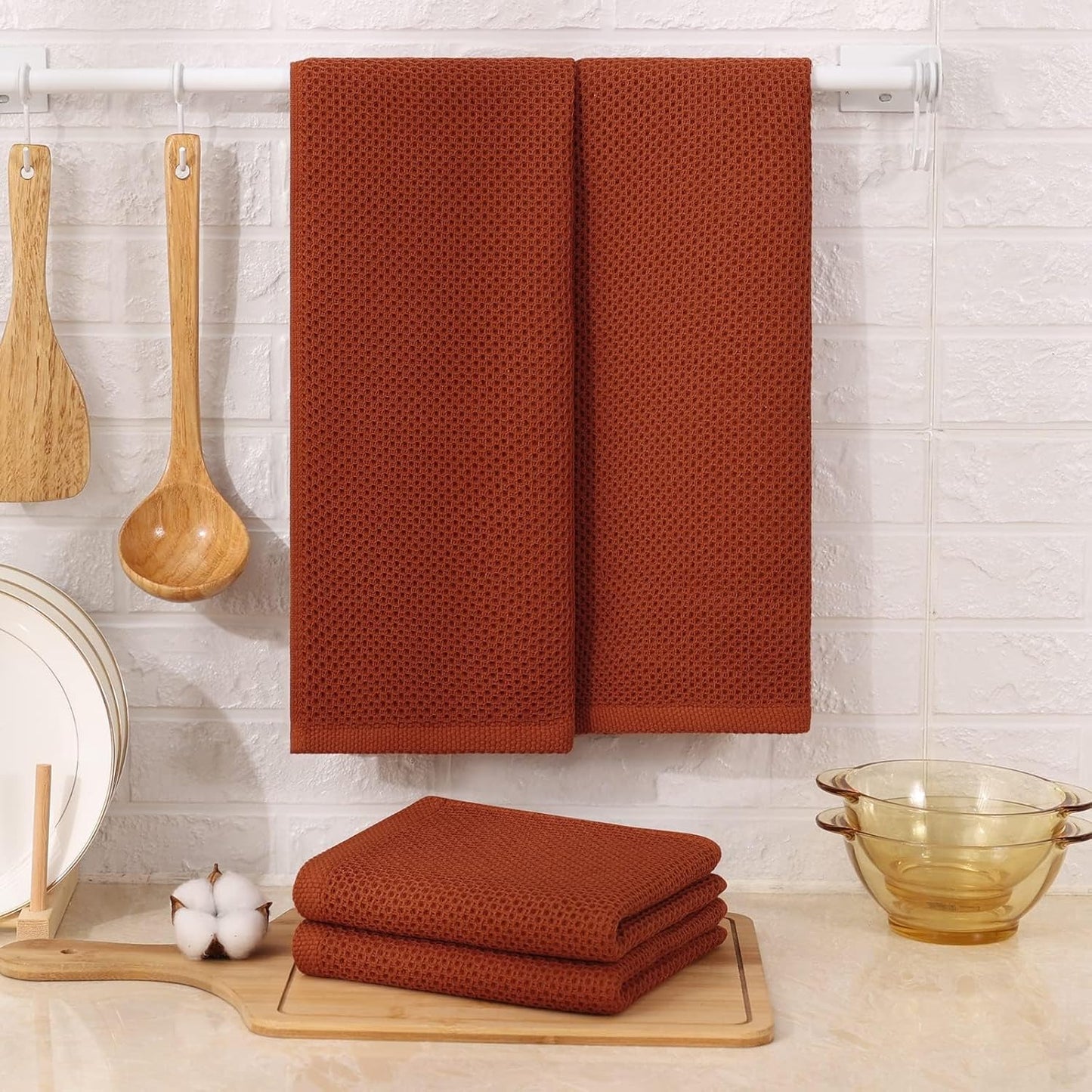 Kitinjoy 100% Cotton Waffle Weave Kitchen Towels, 8-Pack Super Soft and Absorbent Dish Towels for Drying Dishes, Kitchen Hand Towels, 13 in x 28 in, Rust