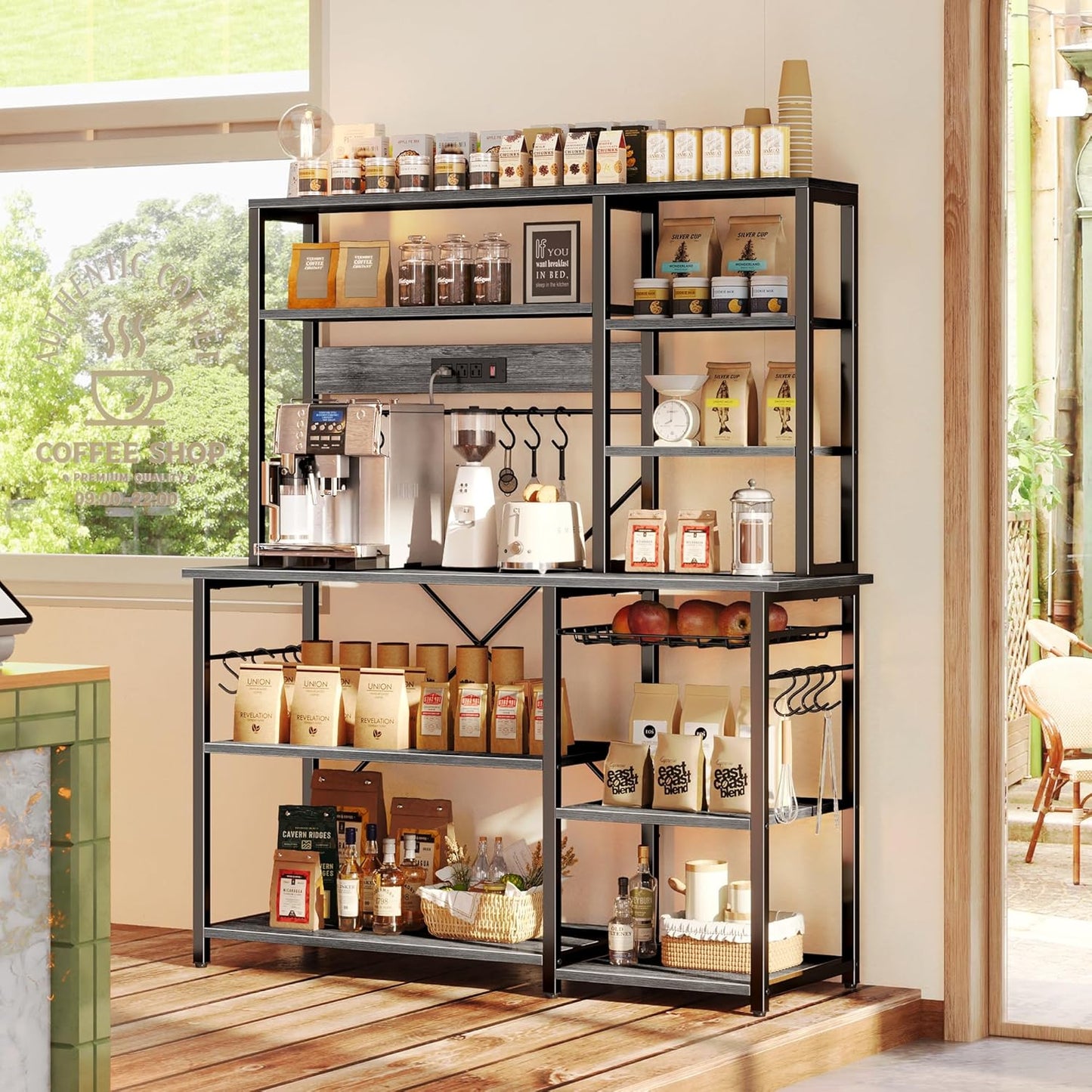 SUPERJARE Larger Bakers Rack with Power Outlets, 6-Tier Microwave Stand, Coffee Bar with 12 S-Shaped Hooks, Kitchen Shelf with Wire Basket, 47.2 x 15.5x 66.9 Inches, Grey