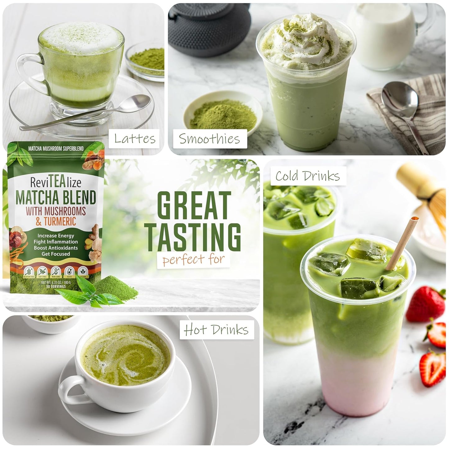 ReviTEAlize Organic Matcha Mushroom Powder - Organic Ceremonial Grade Blend - Coffee Alternative - Latte (30 Servings)