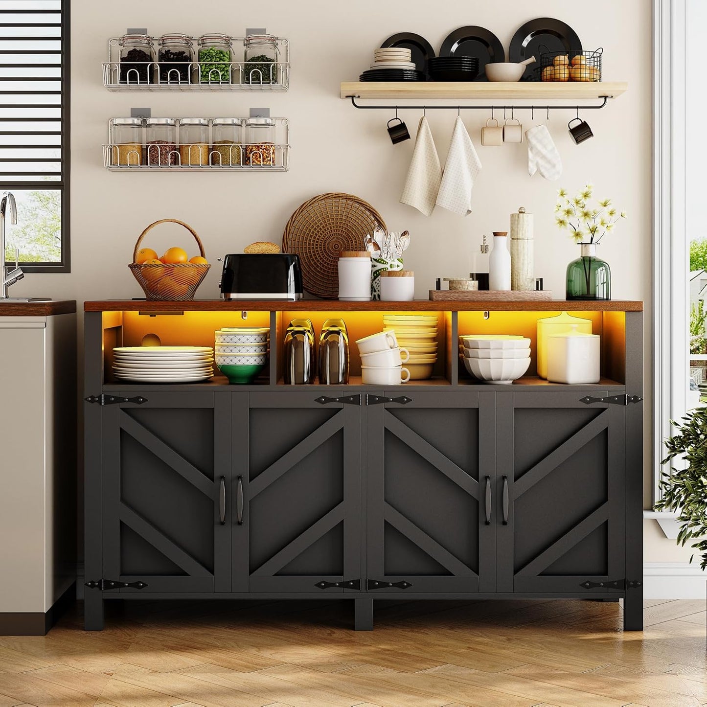 Buffet Sideboard with Storage with Power Outlets & LED Light 4 Doors, 55'' Large Farmhouse Kitchen Storage Cabinet Wood Coffee Bar Cabinet Buffet Table for Kitchen, Dining Room, Entryway