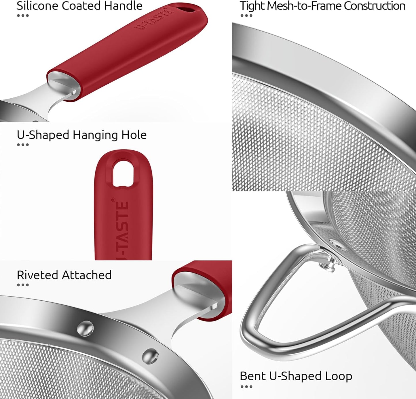 U-Taste Medium Fine Mesh Strainer: 18/8 Stainless Steel 4.73in 30 Mesh Kitchen Food Sieve with Sturdy Riveted Silicone Handle, Heavy Duty Deep Handheld Metal Colander for Rice, Quinoa, Flour (Red)