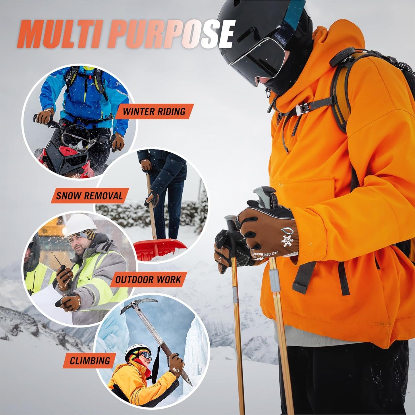 HANDLANDY Winter Insulated Work Gloves, 3M Thinsulate Thermal Water-Resistant Gloves for Men Women Touch Screen, Warm Ski Snowboard Cold Weather Gloves (Brown, Large)