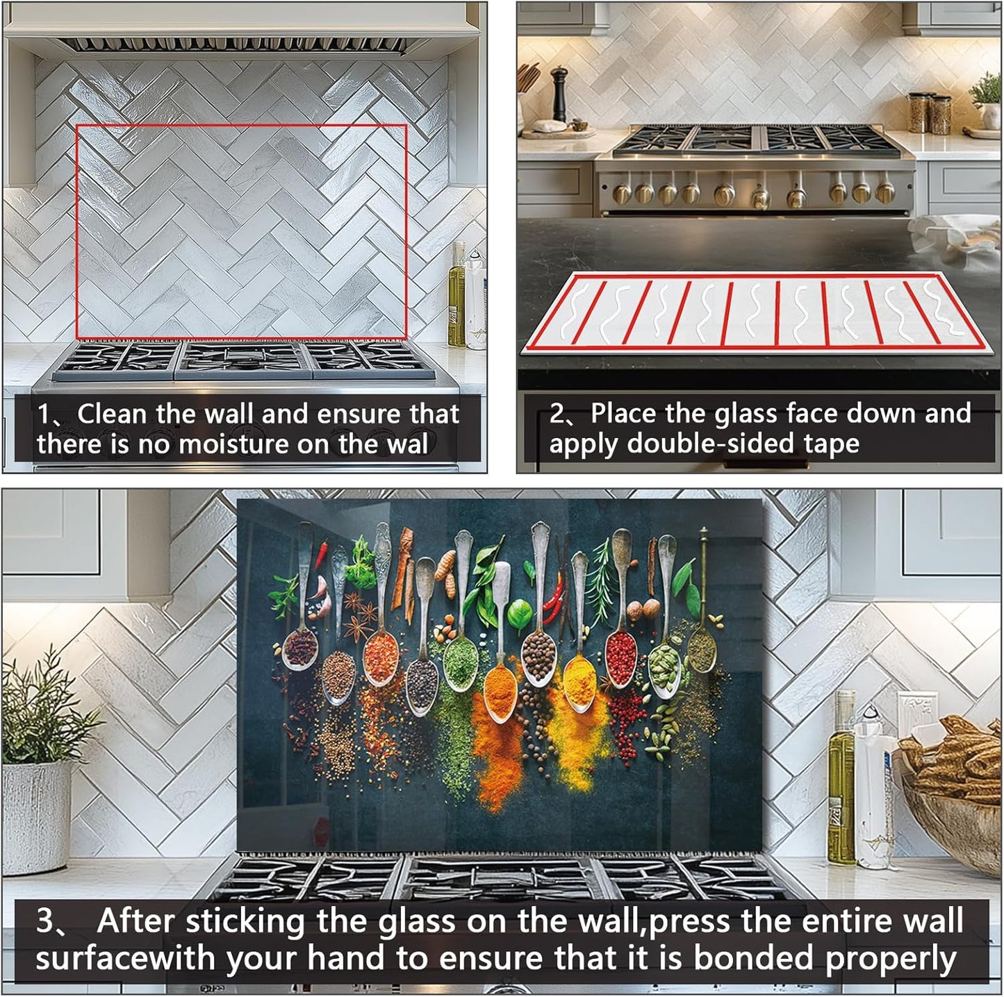 DAIFURONGE Spice Tempered Glass Backsplash For Kitchen Behind Stove,Stove Backsplash Top Cover,Easy to Clean Glass Splashback, Sink Cover Splash Guard,Home Kitchen Wall Decor (30"x14"(76.2x35.56cm))