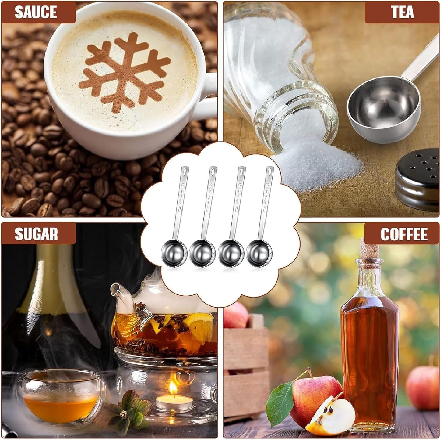 Geiserailie 8 Pieces 2 Tablespoon Scoops with Long Handle, 30 ml Stainless Steel Measuring Spoon for Coffee Milk Fruit Powder, Loose Tea Dry, Spice Jar, Cooking Baking, and Other Dry Goods