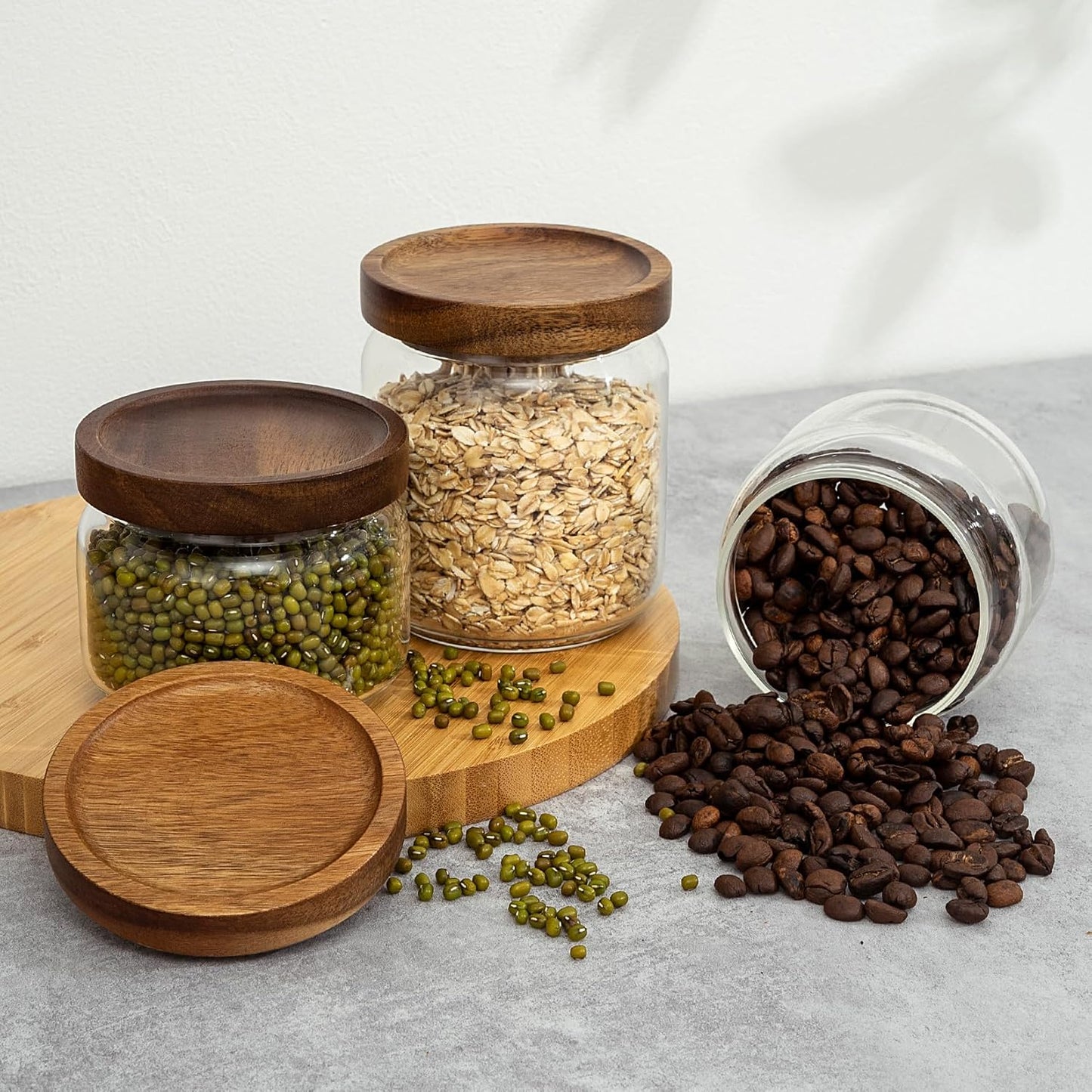 2PCS Small Glass Storage Jars with Airtight Lids, 11 fl oz (300ml) coffee container with Wooden Lid, Glass Pantry Canister for Beans, Rice, Sugar and etc