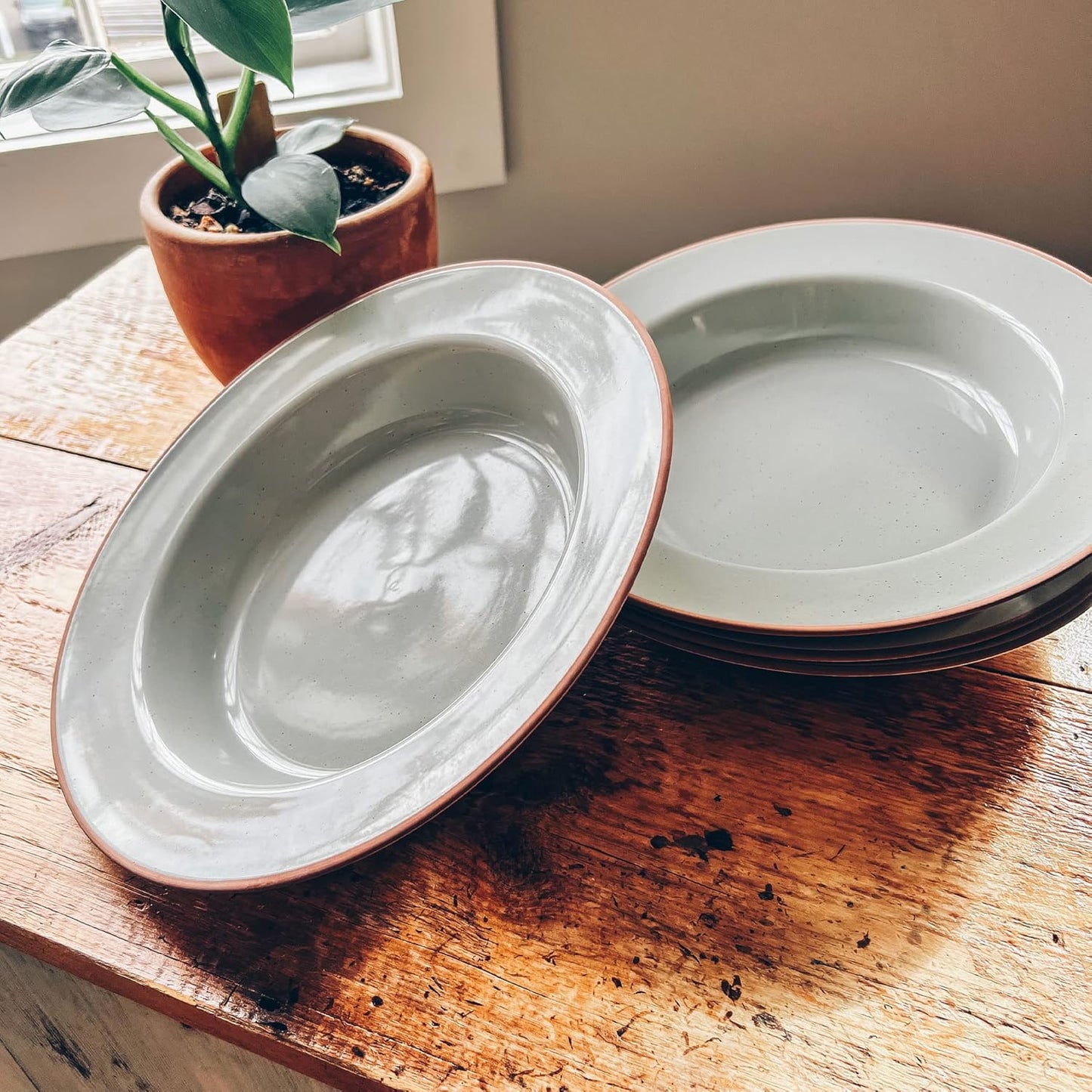 Mora Ceramic Wide Rimmed Soup Bowl 25oz, Set of 4 - For Pasta, Italian, Spaghetti, Dipping Bread, Fancy Dinner etc. Large Plate/Bowls Hybrid For Everyday & Restaurant Use, Large Flat Rim - Earl Grey