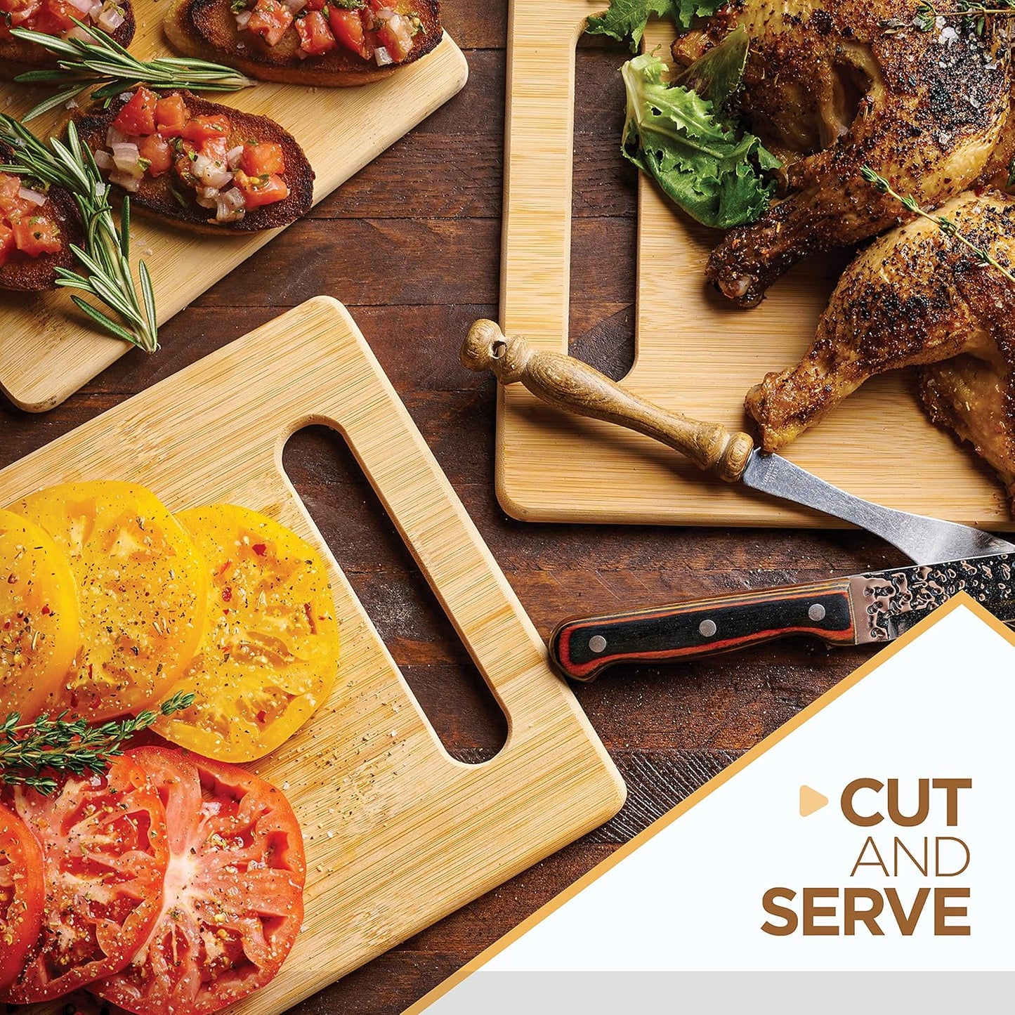 3 Piece Cutting Board Set - Reversible Bamboo Wood Cutting Boards for Kitchen, Chopping Meat, Vegetables, Fruit, Cheese, Charcuterie - Assorted Sizes with Handles for Meal Prep & Serving, Kitchen Gift