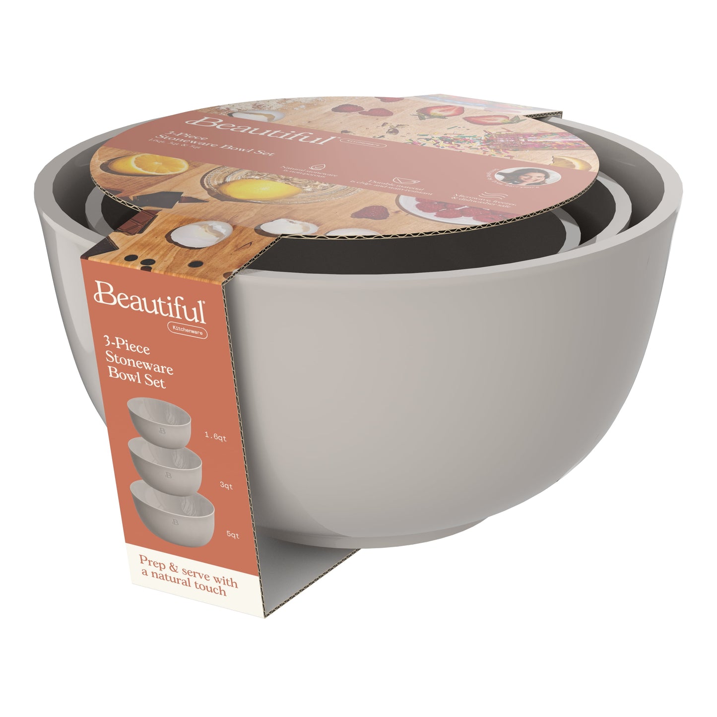3-Piece Stoneware Nesting Mixing Bowl Set, Porcini Taupe by Drew Barrymore