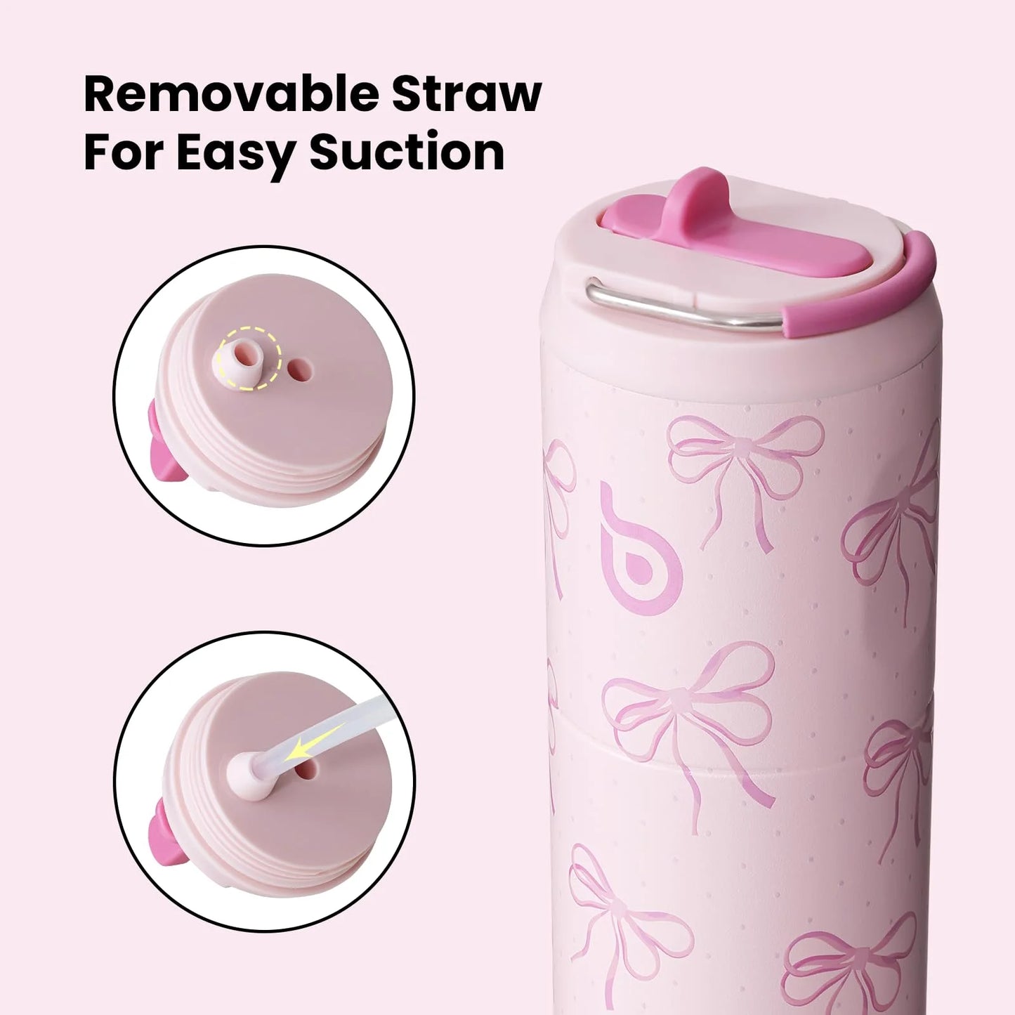 Insulated Water Bottle 24Oz with Straw Lid and Handle for Sports Travel Gym Stainless Steel Water Bottles Double-Wall Vacuum Metal Leak Proof Bpa-Free (Pink Bow)