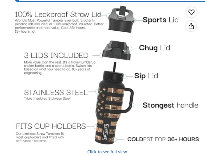 Coldest Tumbler with Handle and Straw, 100% Leak Proof Insulated Tumbler with Lid and Straw (3 Lids), Stainless Steel Tumblers for Women & Men, Cup Holder Friendly Base, 36 oz (Black Polka Dots)