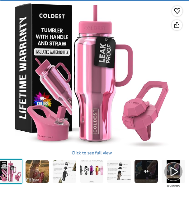 Coldest Tumbler with Handle and Straw, 100% Leak Proof Insulated Tumbler with Lid and Straw (3 Lids), Stainless Steel Tumblers for Women & Men, Cup Holder Friendly, 36 oz (Pink Reflections)