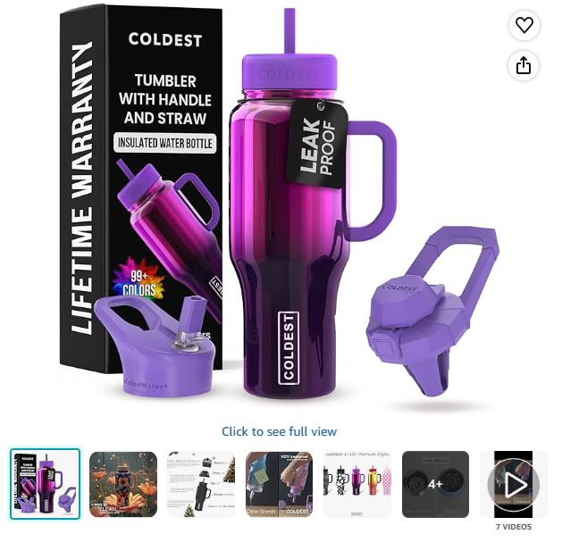 Coldest Tumbler with Handle and Straw, 100% Leak Proof Insulated Tumbler with Lid and Straw (3 Lids), Stainless Steel Tumblers for Women & Men, Cup Holder Friendly, 36 oz (Purple Nova)