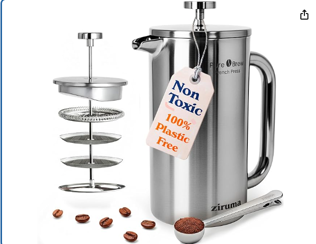 Ziruma Non-Toxic French Press, Surgical Stainless Steel Coffee Press, Plastic-Free, Heavy Metal-Free, No Endocrine Disruptors, 34 Oz, Double Wall, 4-Layer Filter, Portable Coffee Maker