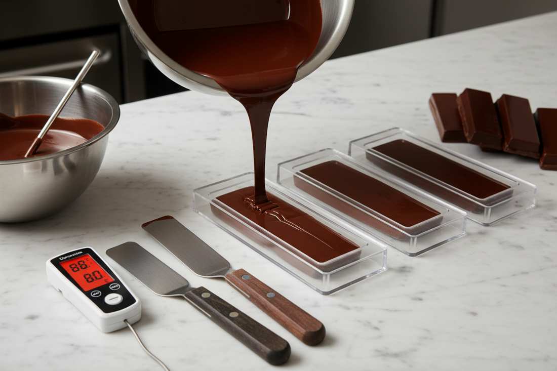  Professional chocolate tempering with glossy dark chocolate being poured into polycarbonate molds, digital thermometer showing optimal temperature, and offset spatulas on marble surface