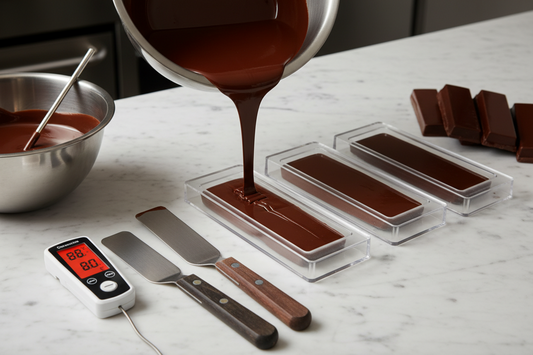  Professional chocolate tempering with glossy dark chocolate being poured into polycarbonate molds, digital thermometer showing optimal temperature, and offset spatulas on marble surface
