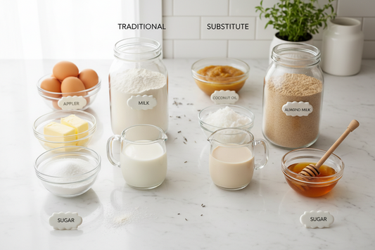 Common baking ingredients with their substitution alternatives displayed on a kitchen countertop