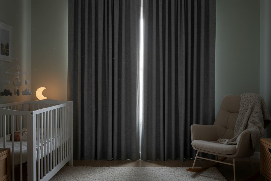 Blackout curtains creating optimal daytime sleep environment in peaceful nursery room