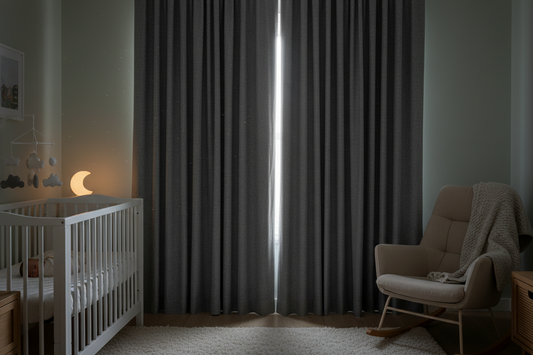 Blackout curtains creating optimal daytime sleep environment in peaceful nursery room