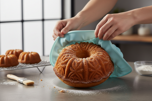 Golden-brown bundt cake being perfectly released from a decorative silicone baking mold on a kitchen counter, demonstrating proper cake unmolding technique