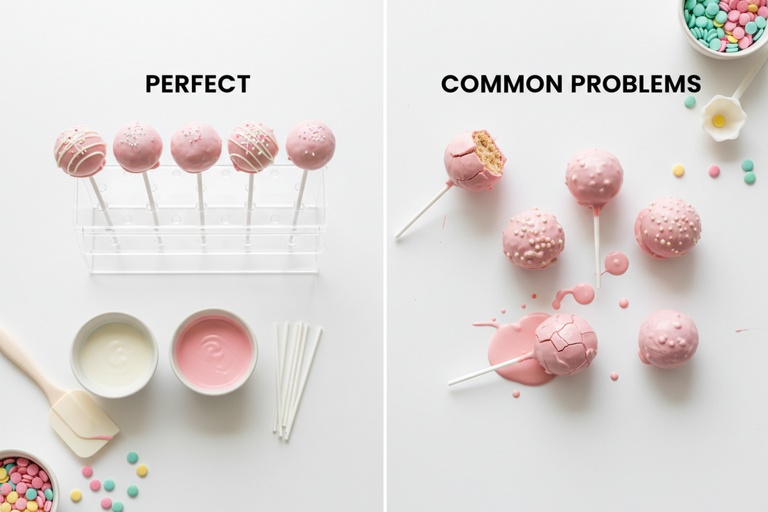 Cake pop troubleshooting guide showing common problems and solutions including cracked coating, fallen cake pops, and uneven shapes with professional baking tools