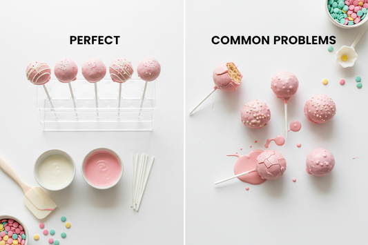 Cake pop troubleshooting guide showing common problems and solutions including cracked coating, fallen cake pops, and uneven shapes with professional baking tools