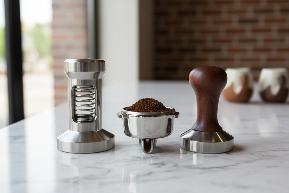 Side-by-side comparison of calibrated coffee tamper with spring mechanism and regular traditional tamper with wooden handle next to espresso portafilter on marble counte