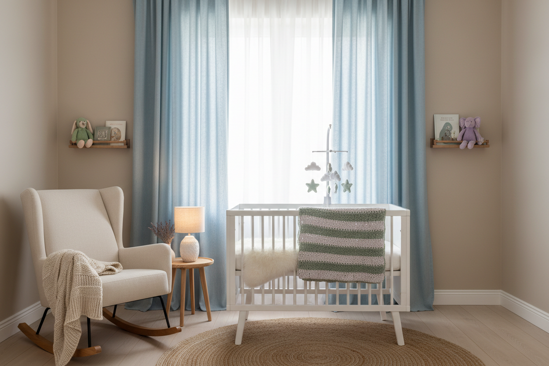 Peaceful baby nursery with soft blue curtains and calming neutral colors