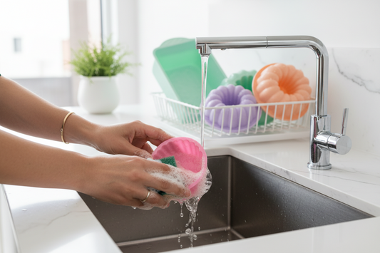 Hands gently washing colorful silicone baking molds with soap and soft sponge in kitchen sink, demonstrating proper cleaning technique for silicone bakeware care and maintenance
