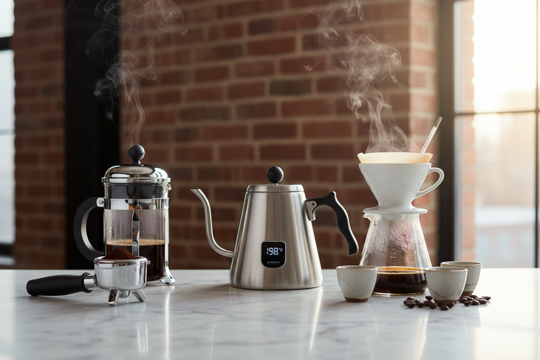 Coffee brewing equipment with temperature control kettle and thermometer on marble countertop