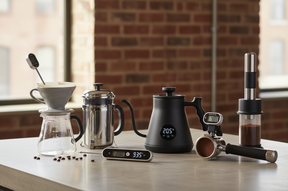 Professional coffee brewing equipment showing temperature control methods for optimal extraction