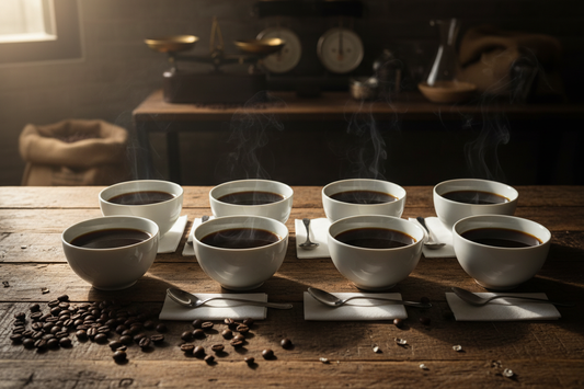 A professional coffee cupping session with ceramic bowls, cupping spoons, and roasted beans on a rustic wooden table.
