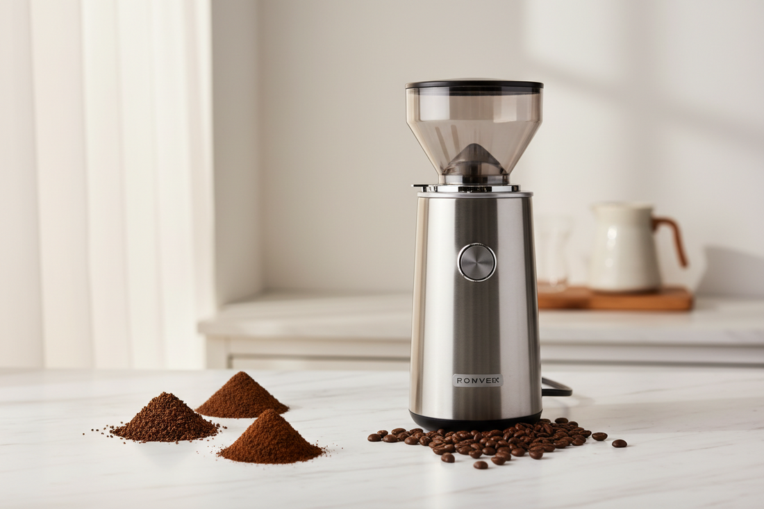 Modern burr coffee grinder with various grind sizes displayed on marble countertop