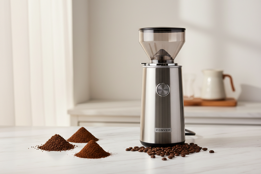 Modern burr coffee grinder with various grind sizes displayed on marble countertop