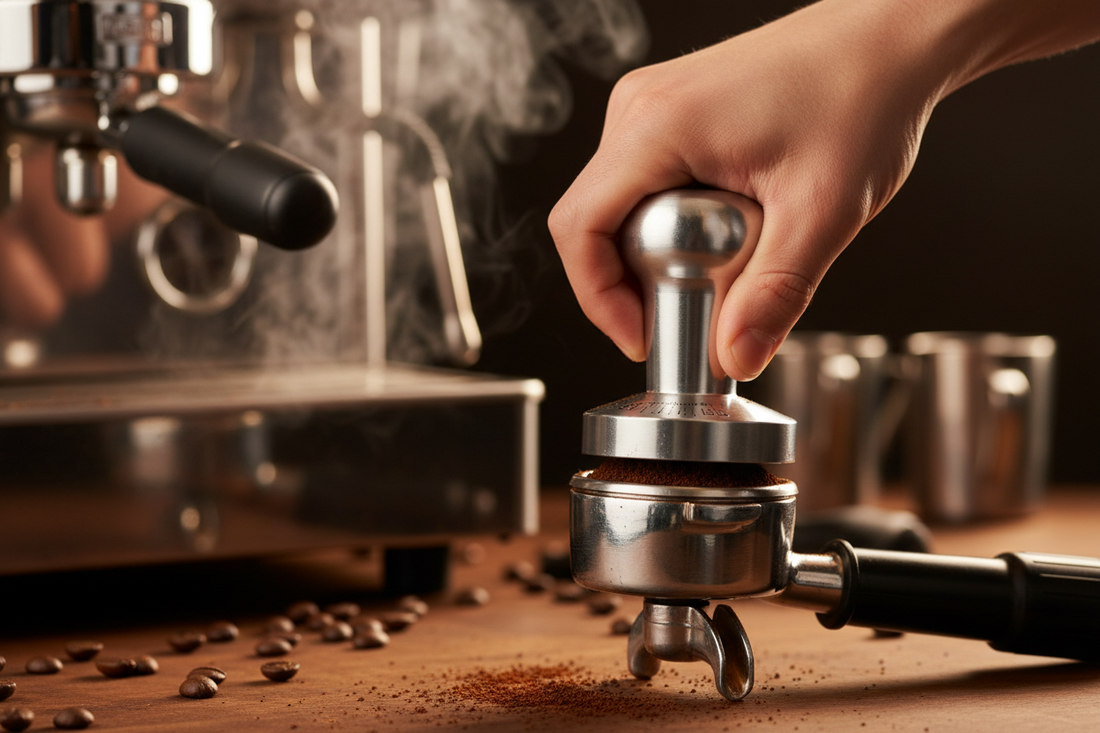 Barista hand using calibrated espresso tamper demonstrating proper 30lbs pressure technique on portafilter with coffee grounds