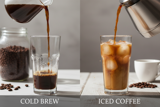 Side-by-side comparison of cold brew and iced coffee showing brewing methods and presentation