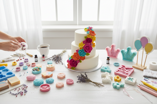 Creative DIY projects using fondant silicone molds including colorful resin jewelry, handmade soaps, decorative candles, and party decorations on craft table