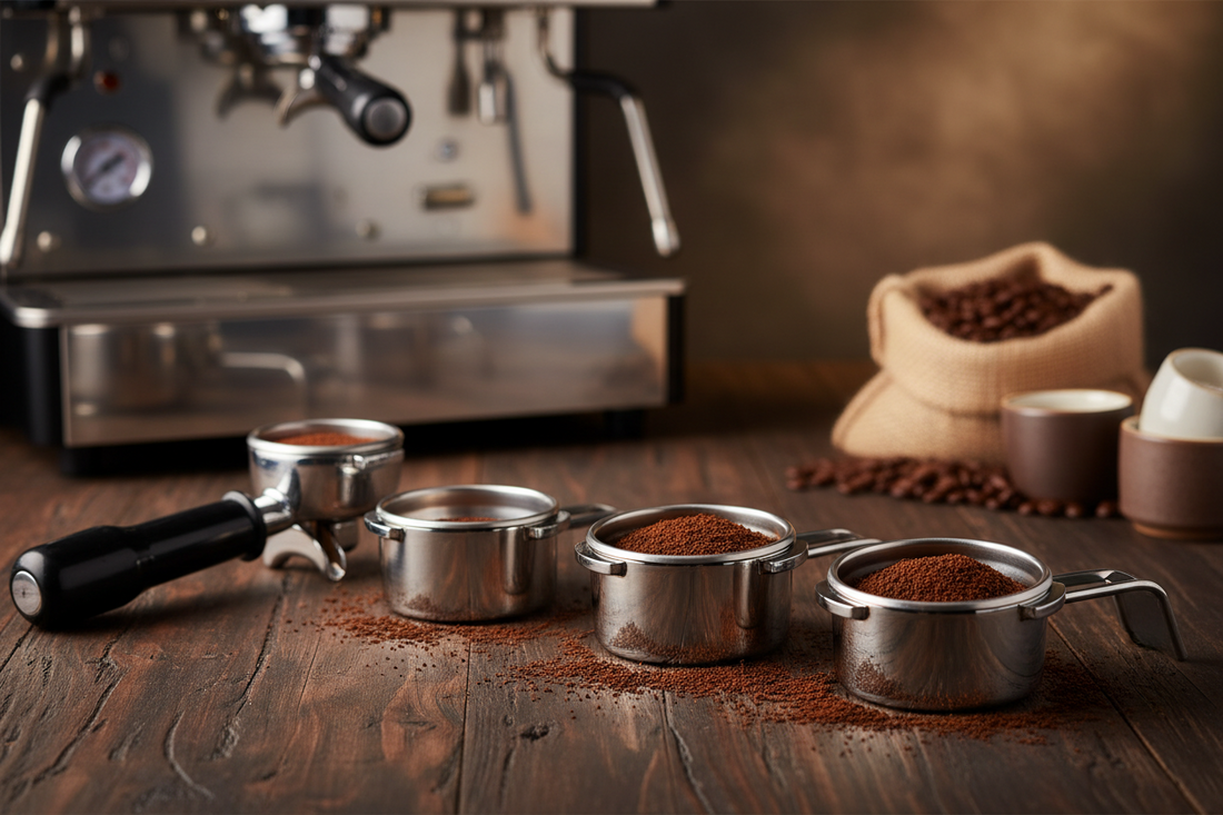  Professional espresso filter baskets in different sizes (58mm, 54mm, 51mm) displayed with coffee grounds and portafilter on wooden surface
