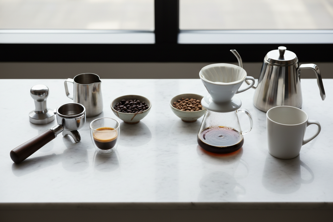Side-by-side comparison of espresso and pour over coffee brewing setups with premium coffee beans and equipment